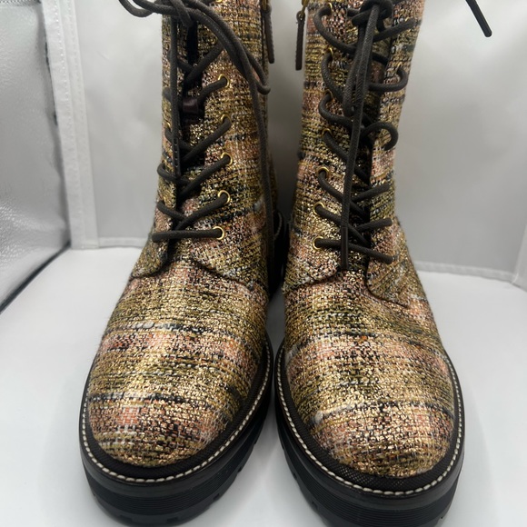 TORY BURCH MILLER 50MM LUG SOLE BOOT ROSEGOLD METALLIC TWEED BROWN LOGO - Picture 4 of 12